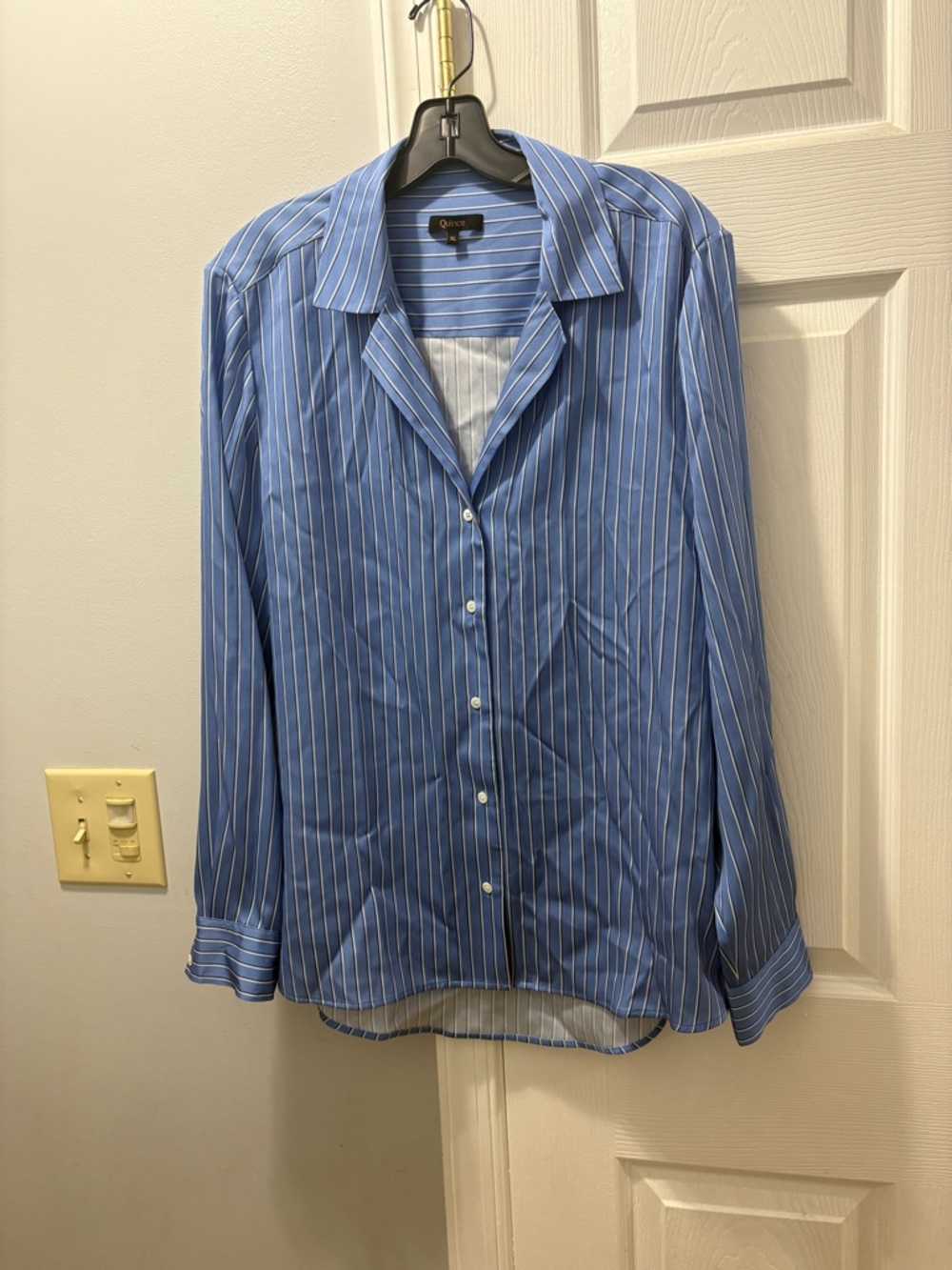 QUINCE Washable Stretch Silk Notch Collar Blouse Blue Striped Lapis Horizon